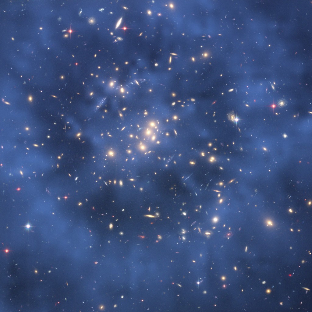 Galaxy cluster coded to show location of dark matter