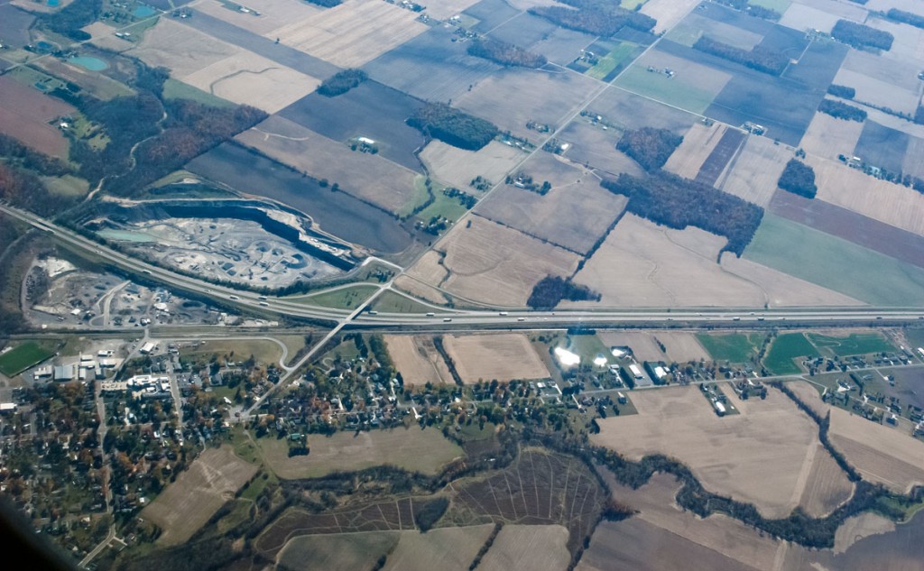 aerial view of small town and farm fields