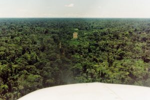View of jungle airstrip from pilot's seat while landing