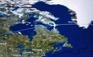 computer map of airliner flight path over canada