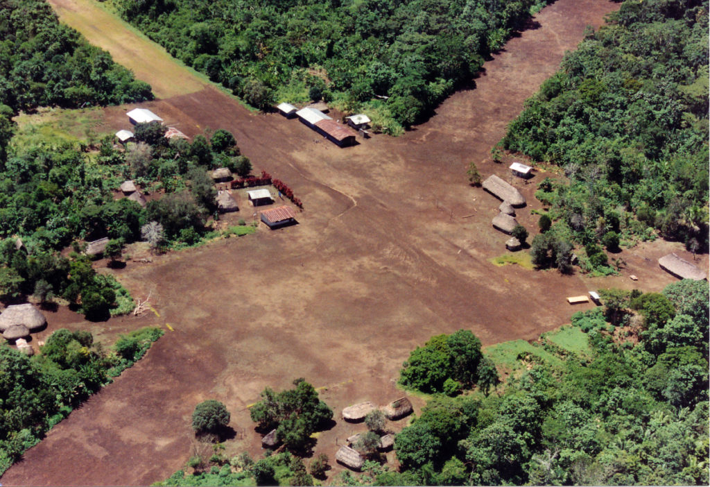 Shuar village of Surikentza. The old runway from upper right to lower left was no longer in use.