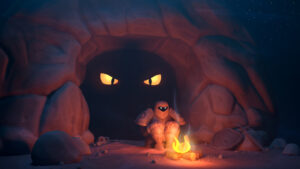 Monster in a cave staring at unsuspecting knight