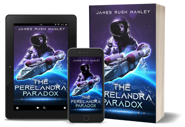 book cover for The Perelandra Paradox shown in 3 formats: Tablet, Mobile phone, and Paperback